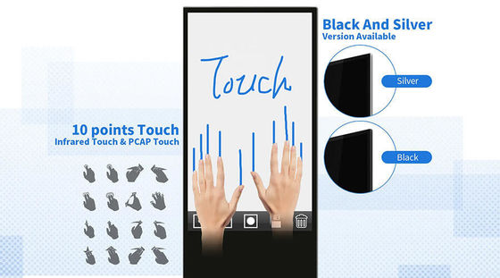 เครื่องเล่นโฆษณา LCD ขนาด 55 นิ้วภายในห้อง พร้อมการออกแบบที่ยืนบนพื้นและป้ายดิจิตอล