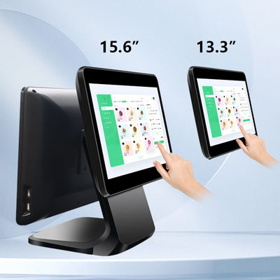 ระบบ POS หน้าจอสัมผัสคู่ขนาด 13.3/15.6 นิ้ว ระบบ Windows I3 POS เทอร์มินัลสำหรับร้านค้าปลีก พร้อมฐานพับได้