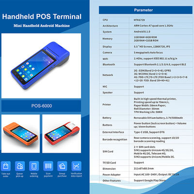 เครื่อง POS Android แบบพกพาขนาด 5.5 นิ้ว เครื่องบันทึกเงินสด หน้าจอสัมผัส POS Terminal สำหรับการชำระเงินผ่าน WiFi USB NFC สำหรับร้านค้าปลีก สีน้ำเงิน