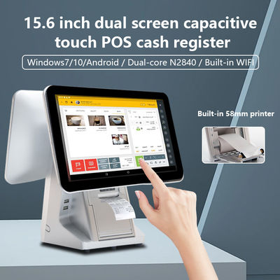 เครื่องจอสัมผัสขนาดสอง All in One Pos System สําหรับร้านอาหาร เครื่องจองเงิน Wifi และความจุของฮาร์ดดิสก์ 32GB