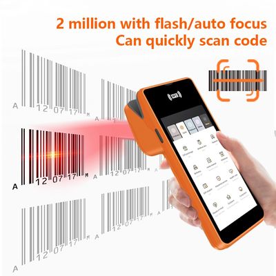 เครื่อง POS แบบพกพาขนาด 5.45 นิ้ว เครื่องชำระเงินผ่านมือถือ NFC อัจฉริยะ ระบบ POS สีส้ม พร้อมเครื่องพิมพ์และกล้อง