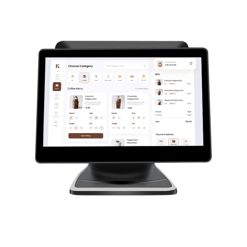 ระบบ POS หน้าจอสัมผัสคู่ขนาด 13.3/15.6 นิ้ว ระบบ Windows I3 POS เทอร์มินัลสำหรับร้านค้าปลีก พร้อมฐานพับได้