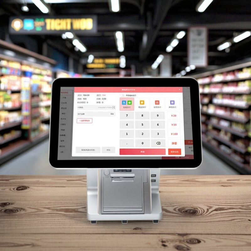 เครื่องจอสัมผัสขนาดสอง All in One Pos System สําหรับร้านอาหาร เครื่องจองเงิน Wifi และความจุของฮาร์ดดิสก์ 32GB